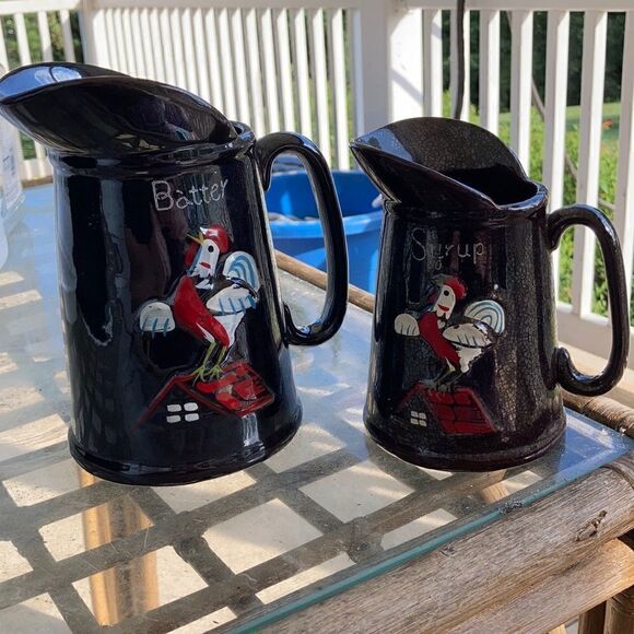 Rooster Pancake Batter SyrupPottery Pitchers